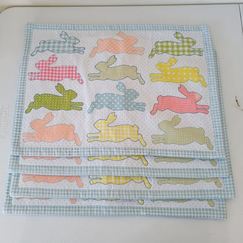 Set Of 4 Blossoms & Blooms? All Over Bunny Rabbit Blue Gingham Spring Placemats